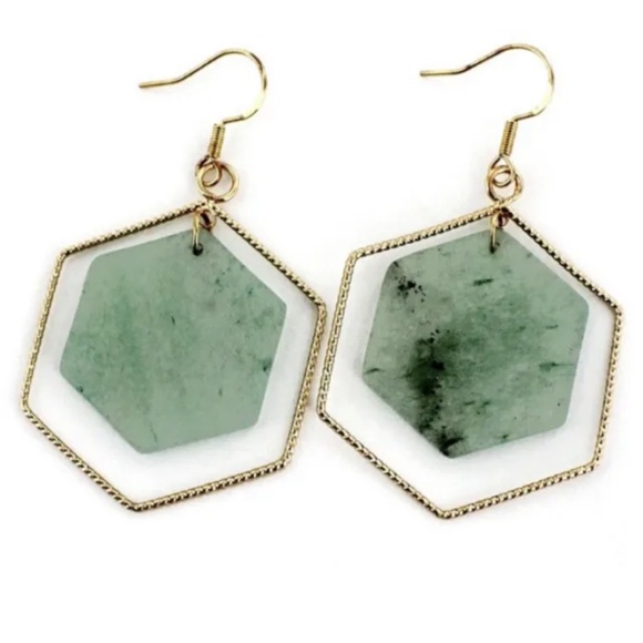 🎉HP🎉NEW! Faux Amazonite and Gold Hexagon Drop Earrings - Picture 2 of 3